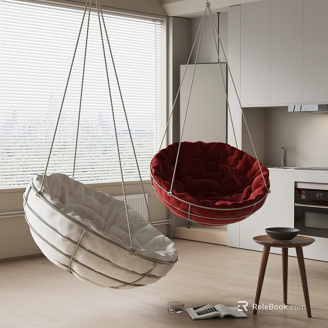White and Red Plush Hanging Chairs in Modern Kitchen Interior with Window Blinds 3d model