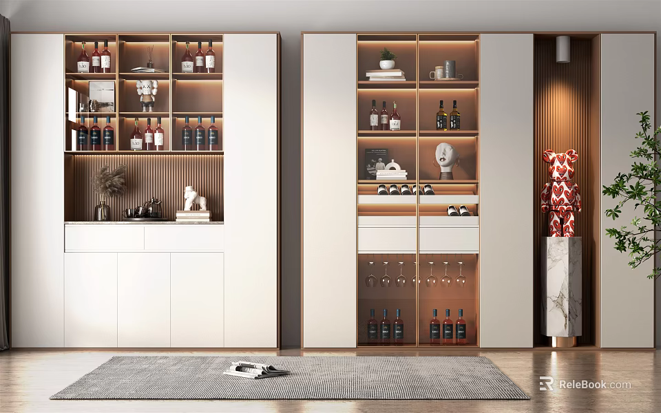 Elegant Modern Wine Cabinet Design With Open Shelves Lighting Wine Bottles Glassware 3d model 