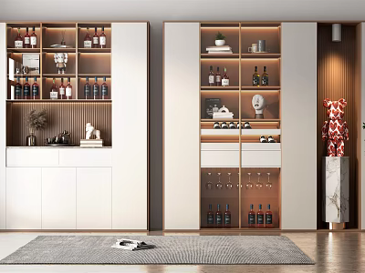 Elegant Modern Wine Cabinet Design With Open Shelves Lighting Wine Bottles Glassware 3d model