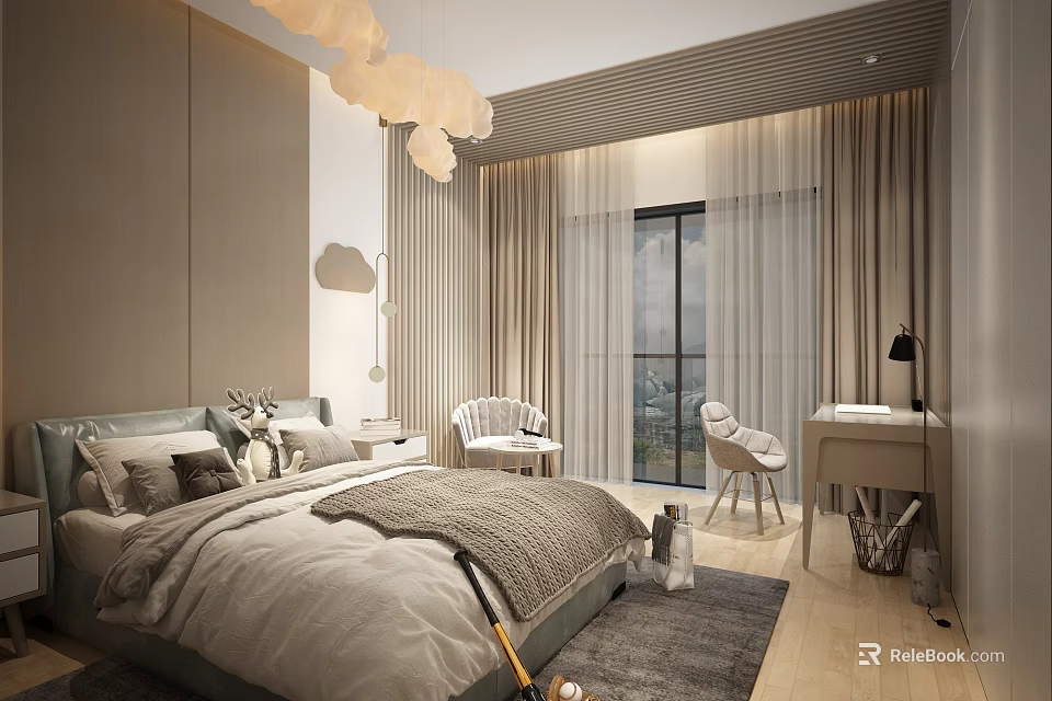 Modern Kids Bedroom With Cloud Lights Cozy Bed And Desk 3d model 