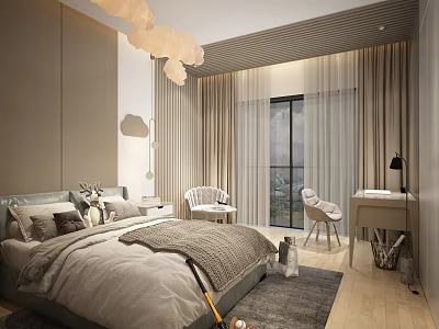 Modern Kids Bedroom With Cloud Lights Cozy Bed And Desk 3d model