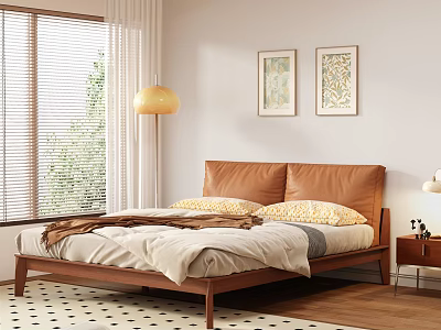 Double Bed with Leather Headboard Wooden Frame Comforter Pillows Cozy Bedroom Window Blinds Wall Art 3d model