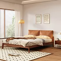 Double Bed with Leather Headboard Wooden Frame Comforter Pillows Cozy Bedroom Window Blinds Wall Art