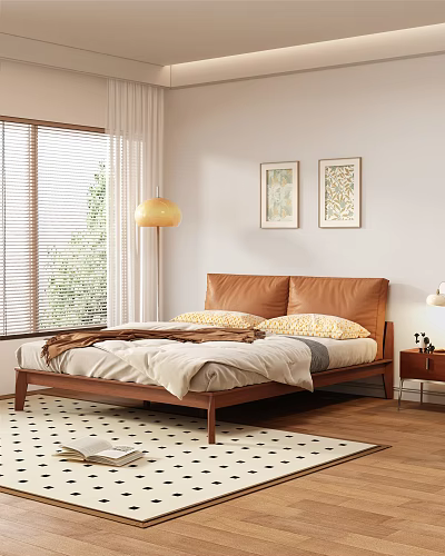 Double Bed with Leather Headboard Wooden Frame Comforter Pillows Cozy Bedroom Window Blinds Wall Art 3d model