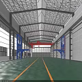 Industrial Warehouse Interior With Red Crane Green Floor Yellow Lines Blue Supports And Metal Roof