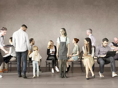 Group of People Sitting and Standing in Indoor Space with Chairs and Gray Wall 3d model