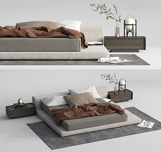 Modern Double Bed Minimalist Double Bedside Cabinet Carpet 3d model