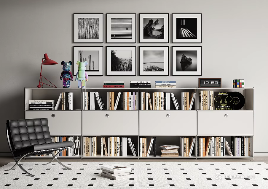Modern Bookshelf Interior With Multiple Shelves Filled With Books And Decorations 3d model 