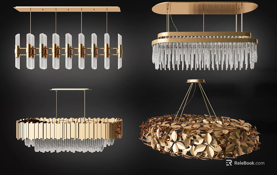 Modern Elegant Chandeliers with Glass Metal Crystal and Leaf Shaped Decorative Designs 3d model 