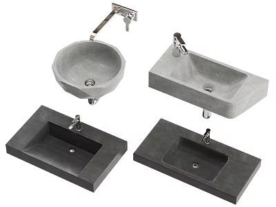 Modern Concrete Washbasins In Various Shapes With Faucets For Bathroom Use 3d model