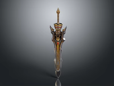 Decorative Sword With Ornate Gold Black Design Spiked Top And Red Gemstone 3d model