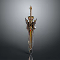 Decorative Sword With Ornate Gold Black Design Spiked Top And Red Gemstone