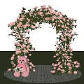 Floral Art Decoration Featuring Pink Roses Arch Green Vines And Teddy Bear On White Brick