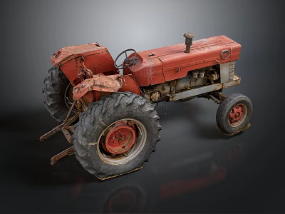 Old Red Vintage Tractor Farm Equipment With Large Tires And Rustic Parts 3d model