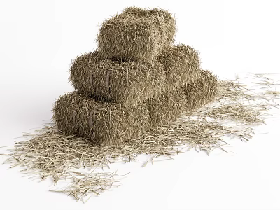 Neatly Stacked Dry Hay Bales With Scattered Straw On White Background 3d model