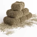 Neatly Stacked Dry Hay Bales With Scattered Straw On White Background