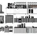 Modern Kitchen Appliances Setup With Range Hood Refrigerator Oven Coffee Machine And Cabinets