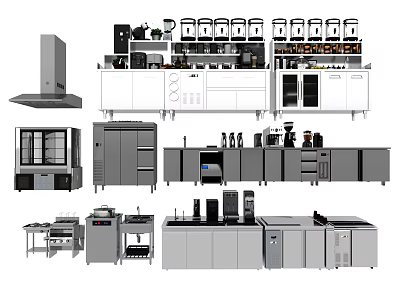 Modern Kitchen Appliances Setup With Range Hood Refrigerator Oven Coffee Machine And Cabinets 3d model