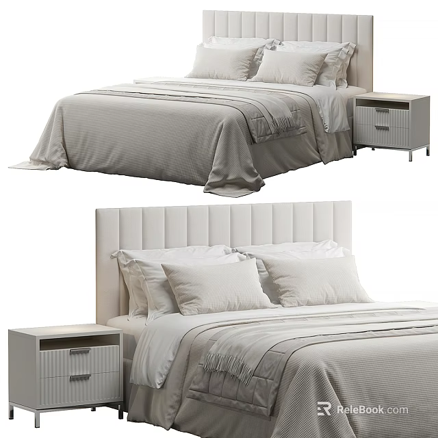 Modern Double Bed With Upholstered Headboard Light Colored Bedding And Side Nightstand 3d model 