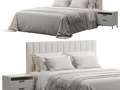 Modern Double Bed With Upholstered Headboard Light Colored Bedding And Side Nightstand 3d model