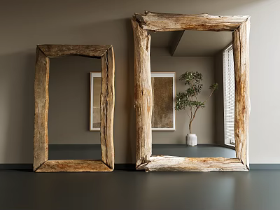 Two Large Mirrors With Natural Wood Frames In Room Featuring Potted Plant And Window 3d model