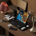 Digital Workspace Setup With Tablet Keyboard Mouse And Smartphone On Wooden Desk 3d model