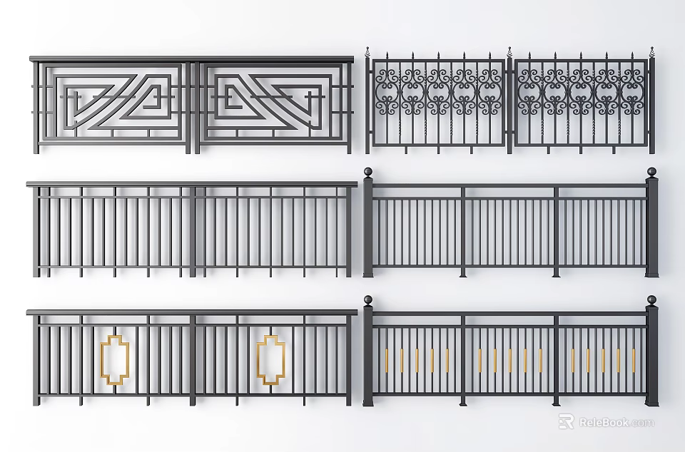 Black Metal Fence Designs Featuring Geometric Patterns Ornate Details And Gold Accents 3d model 