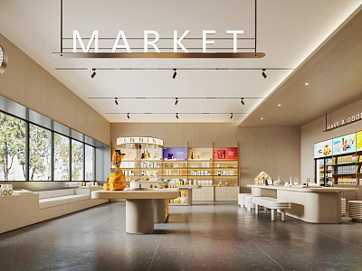 Modern Market Store Interior with Spacious Layout Large Windows Shelves and Seating Areas 3d model