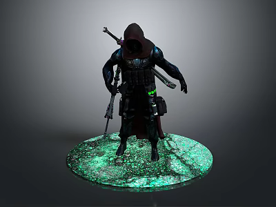 Detailed 3D Character Model With Hooded Cloak Dual Weapons And Glowing Green Base 3d model
