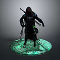 Detailed 3D Character Model With Hooded Cloak Dual Weapons And Glowing Green Base
