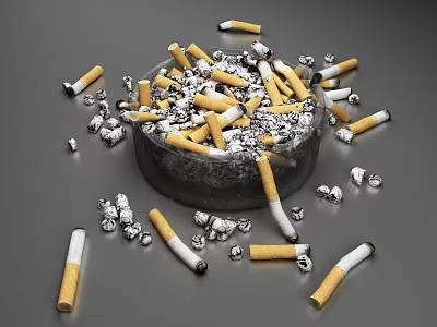 Full Ashtray With Cigarette Butts And Scattered Ash On Dark Surface 3d model