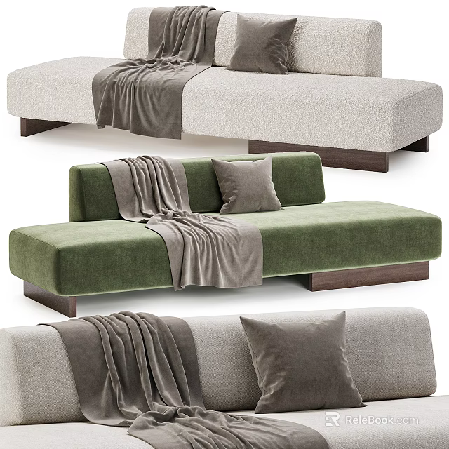 Upholstered Three Seater Sofa In Green And Gray With Throw Blanket Pillows And Wooden Base 3d model 