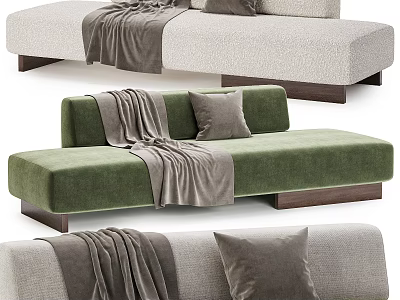 Upholstered Three Seater Sofa In Green And Gray With Throw Blanket Pillows And Wooden Base 3d model