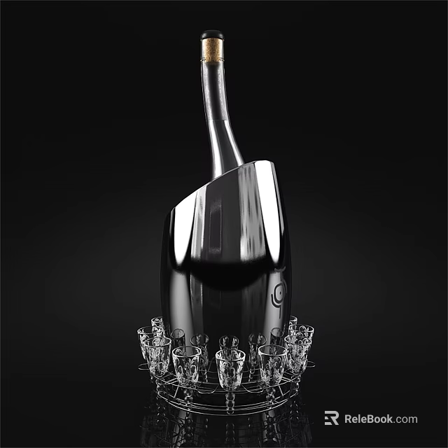 Wine Bottle Placed in Black Cooler with Multiple Wine Glasses at Base on Black Background 3d model 