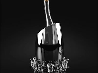 Wine Bottle Placed in Black Cooler with Multiple Wine Glasses at Base on Black Background 3d model