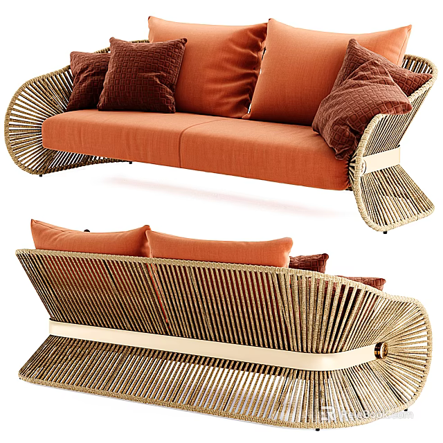 Modern Two Seater Sofa With Wicker Frame Orange Cushions And Brown Pillows 3d model 