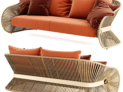 Modern Two Seater Sofa With Wicker Frame Orange Cushions And Brown Pillows 3d model