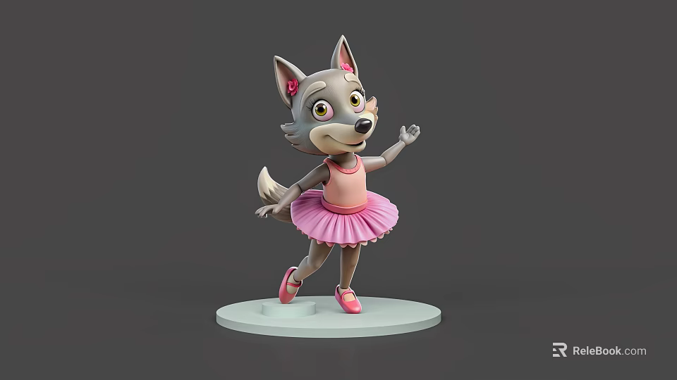 Cartoon Reptile Character In Pink Ballet Dress Standing On White Base Gray Background 3d model 