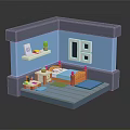 Cozy Cartoon Style Bedroom With Blue Walls White Window Bed Shelf And Green Plant