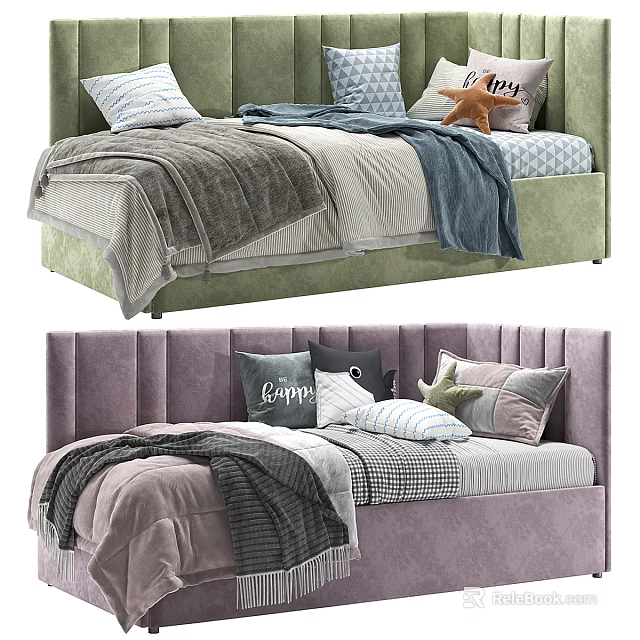 Cozy Upholstered Beds With Green And Purple Headboards Pillows And Blankets 3d model 