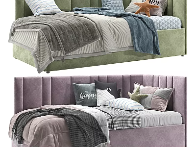 Cozy Upholstered Beds With Green And Purple Headboards Pillows And Blankets 3d model