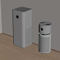 Two Modern Air Purifiers Tower And Cylindrical Design In Indoor Corner With Wooden Floor