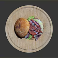 Freshly Prepared Hamburger On Wooden Cutting Board With Sesame Bun Lettuce Red Onion And Sauce