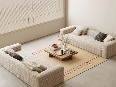 Modern Beige Sofa and Coffee Table Set with Cushions Wooden Table on Red Line Rug 3d model