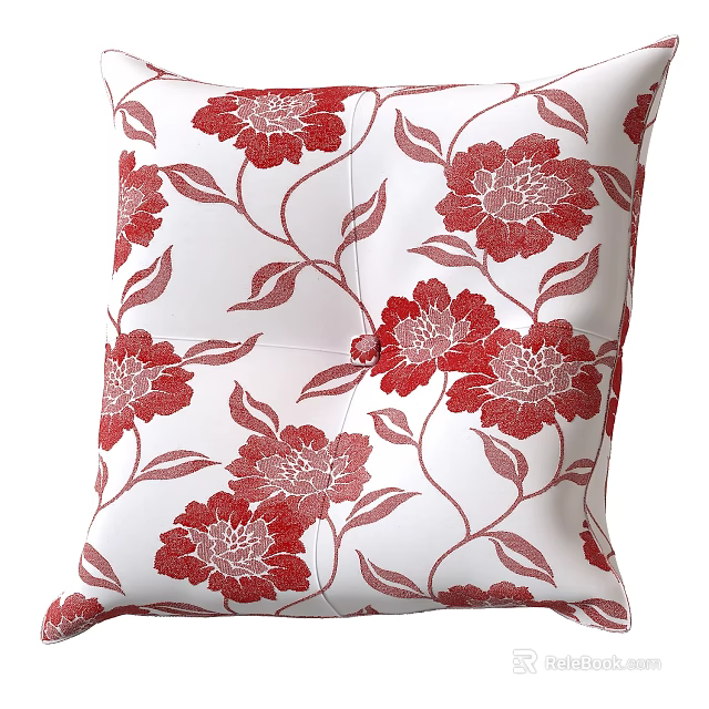 Decorative Pillow With White Background And Red Floral Pattern Including Leaves 3d model