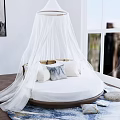 Round Bed With White Canopy And Pillows In Modern Bedroom With Window And Rug