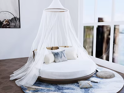 Round Bed With White Canopy And Pillows In Modern Bedroom With Window And Rug 3d model