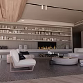 Cozy Living Dining Room with Wooden Ceiling Pendant Lights Bookshelves Fireplace and White Sofas