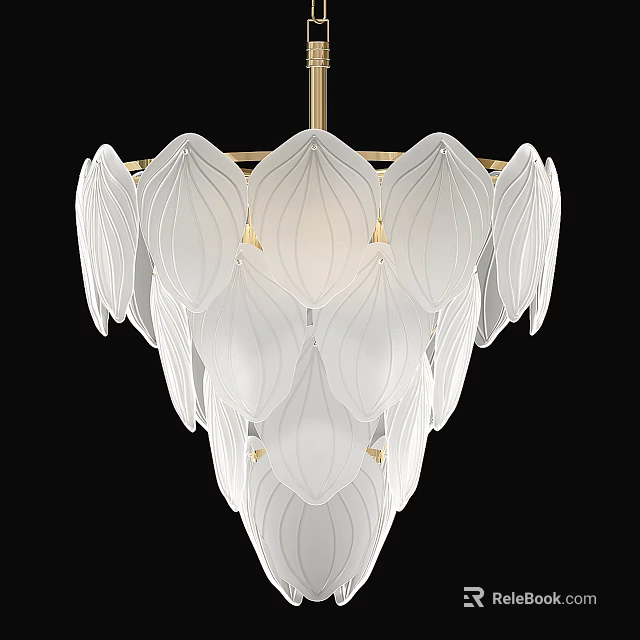 Elegant White Petal Shaped Glass Chandelier With Gold Metal Frame Design 3d model 