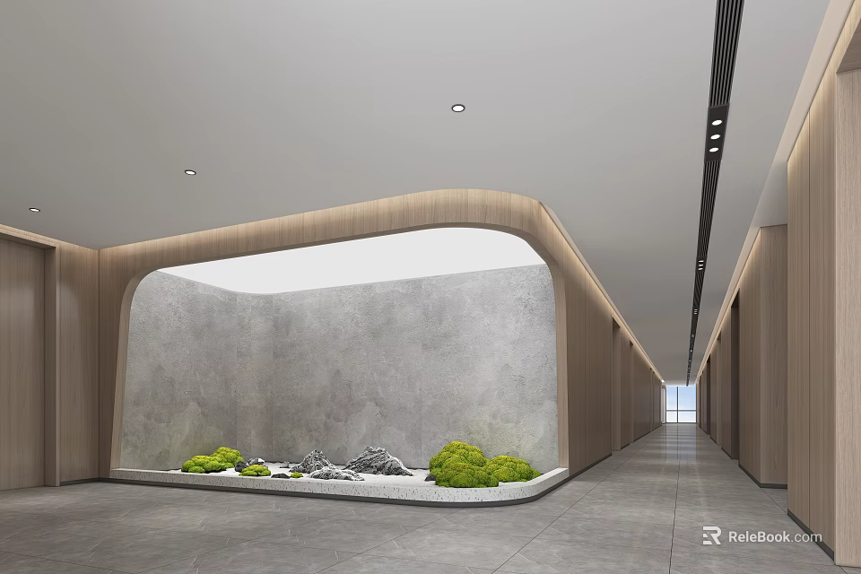 Modern Office Corridor With Curved Wooden Walls Gray Accent Wall Green Plants And White Stones 3d model 